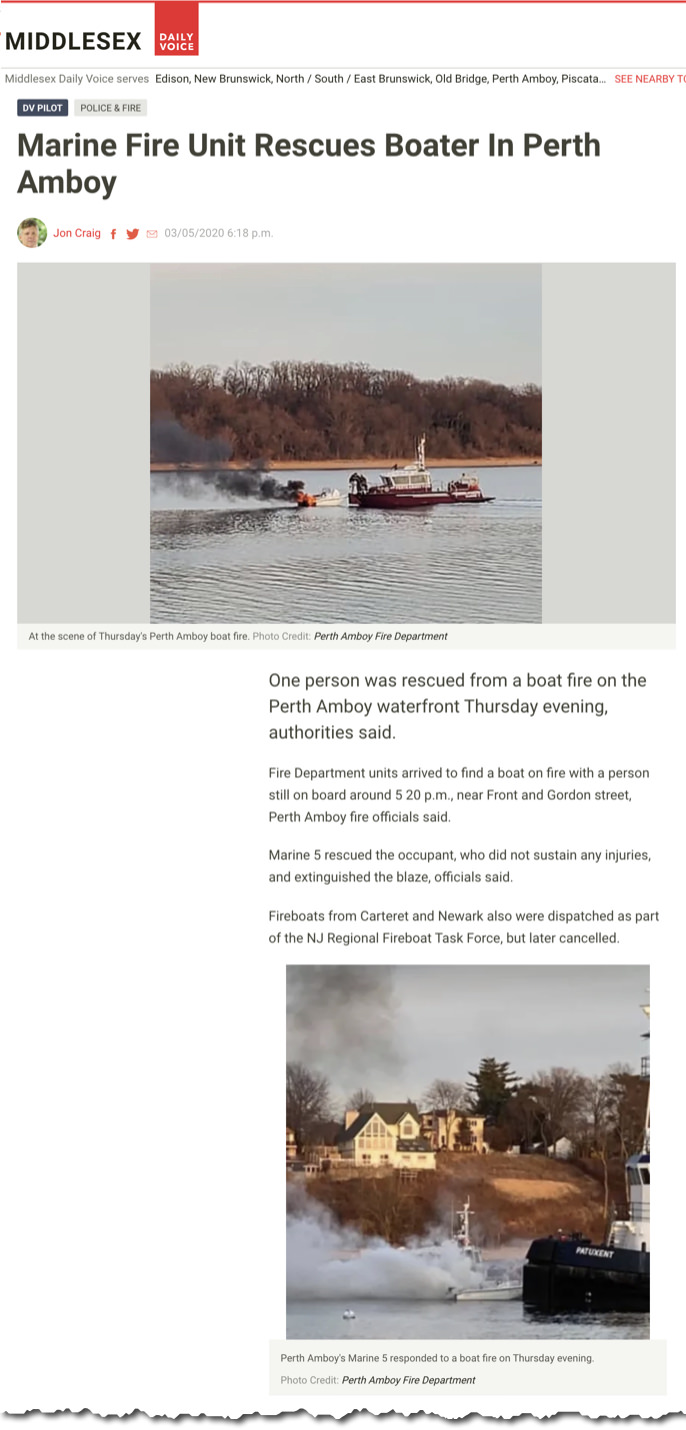 Man rescued from a boat fire off Perth Amboy.