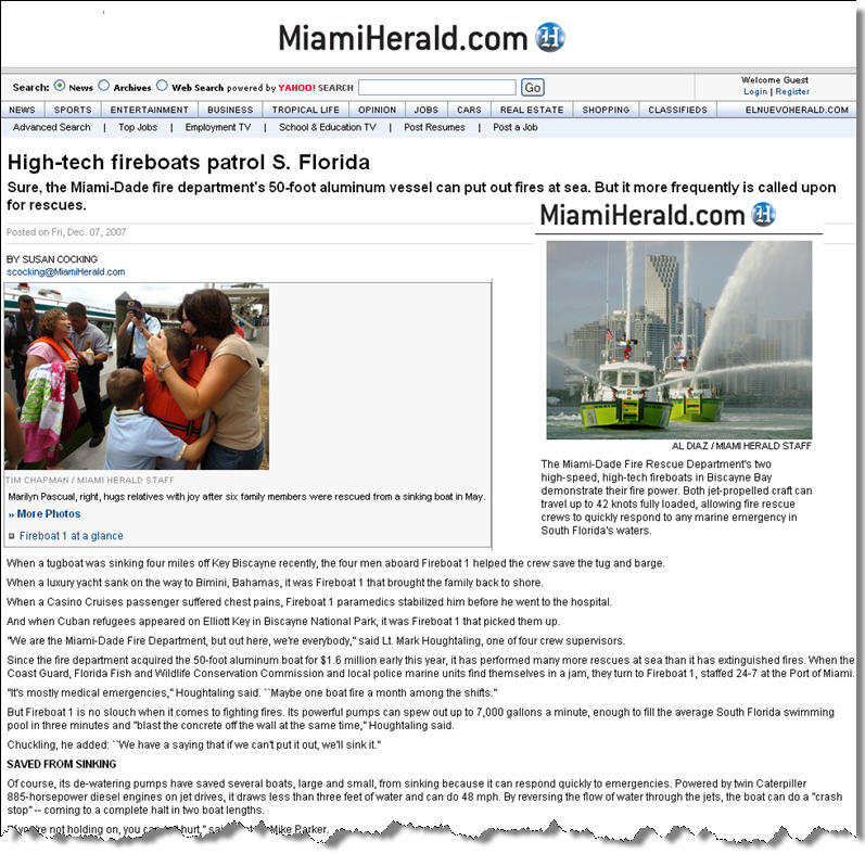 Miami-Herald front-page story about MetalCraft Marine fireboats